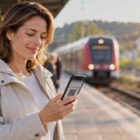Frau am Bahnsteig eines Regionalbahnhofs schaut auf ihr Smartphone mit einem digitalen Deutschlandticket, im Hintergrund fährt ein Regionalzug ein.