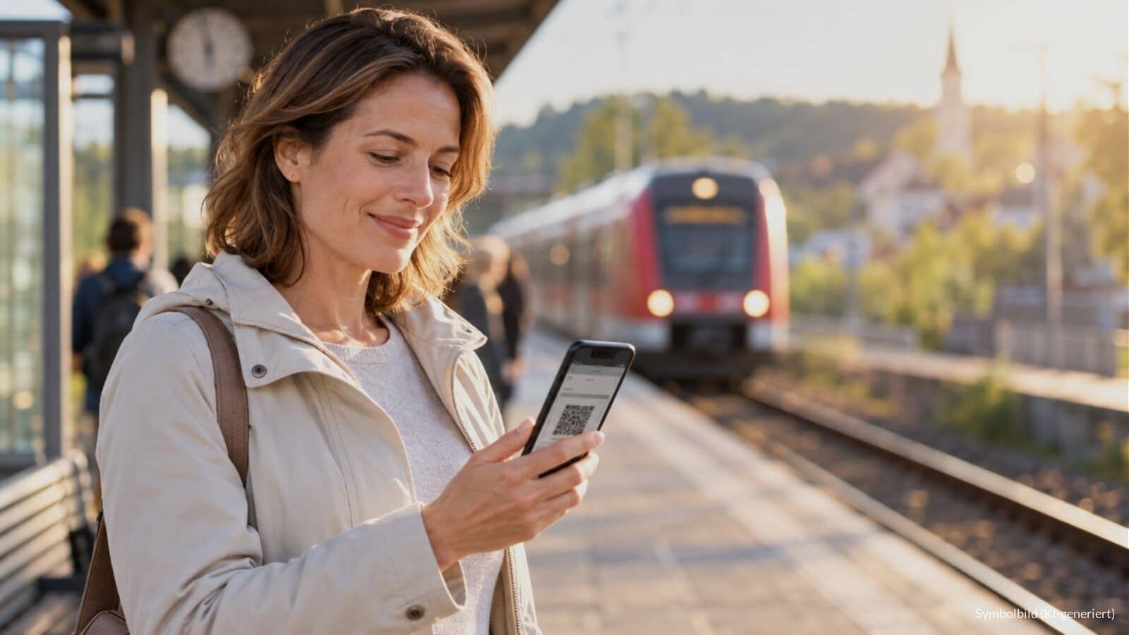 Frau am Bahnsteig eines Regionalbahnhofs schaut auf ihr Smartphone mit einem digitalen Deutschlandticket, im Hintergrund fährt ein Regionalzug ein.