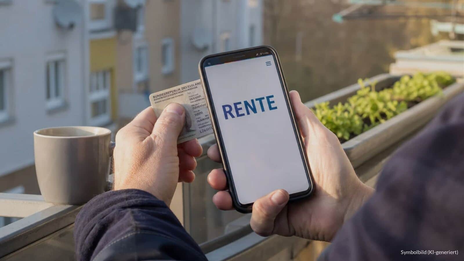 Hände halten einen Personalausweis an ein Smartphone, um sich mit der Online-Ausweisfunktion bei der digitalen Rentenübersicht anzumelden.