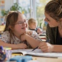 Schulbegleiterin unterstützt ein lachendes Mädchen mit Down-Syndrom im Klassenzimmer beim Lernen, Symbolbild zur Reform der Eingliederungshilfe
