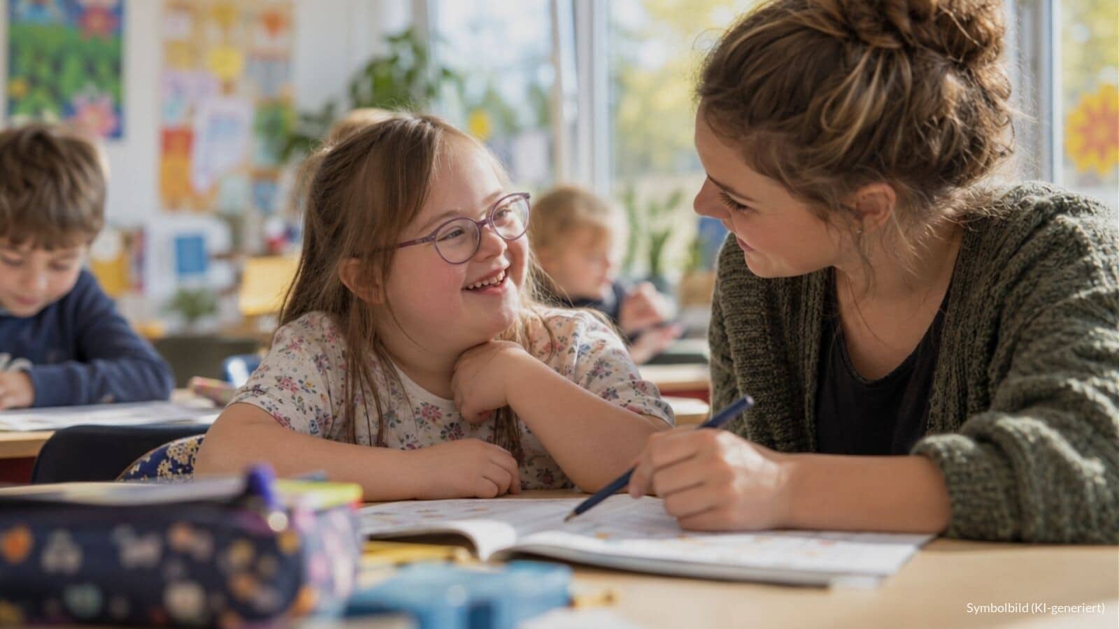 Schulbegleiterin unterstützt ein lachendes Mädchen mit Down-Syndrom im Klassenzimmer beim Lernen, Symbolbild zur Reform der Eingliederungshilfe