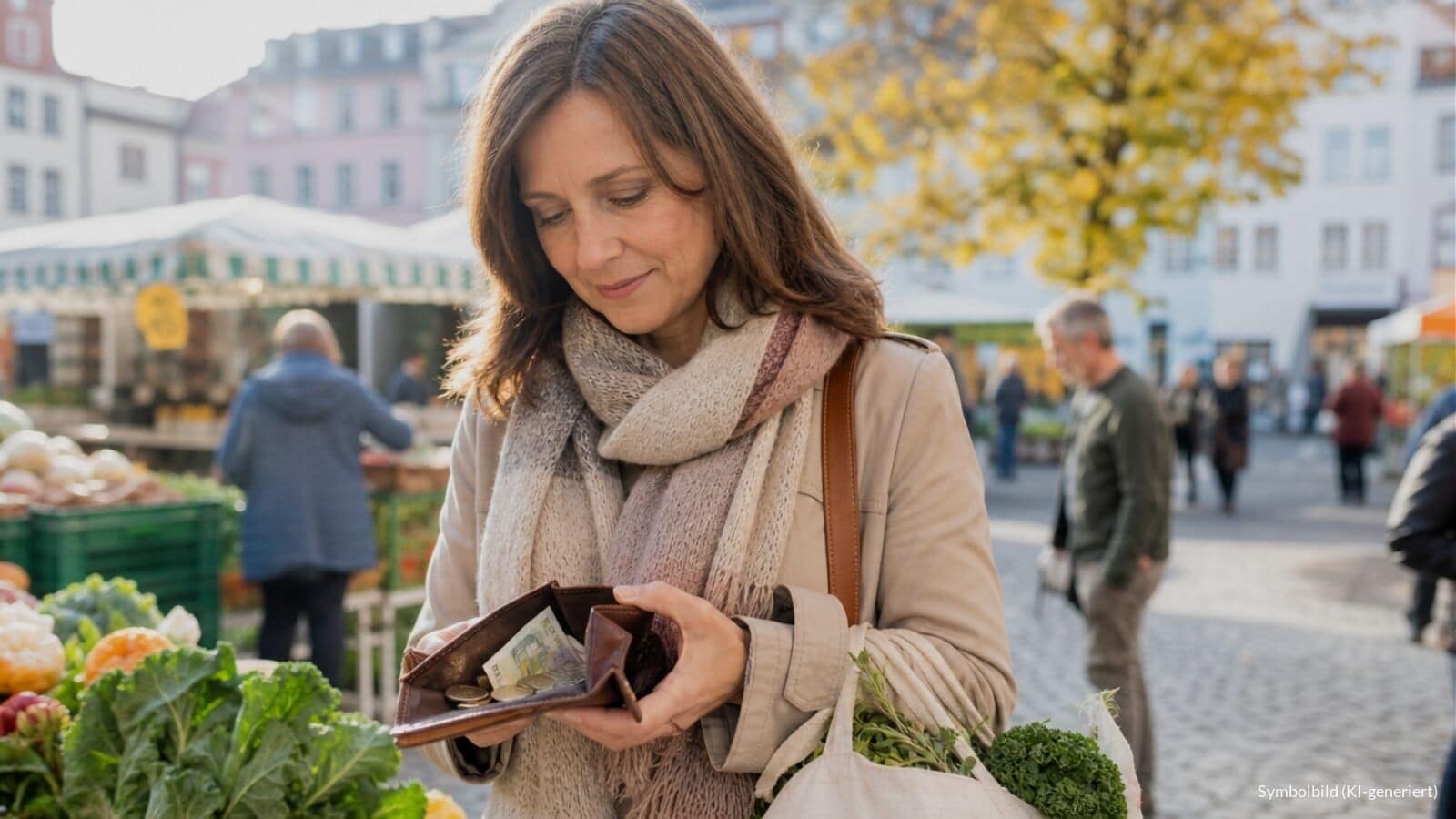 Frau auf einem Wochenmarkt in Ostdeutschland blickt nachdenklich in ihr Portemonnaie, Symbolbild für die Einkommenslücke zwischen Ost und West