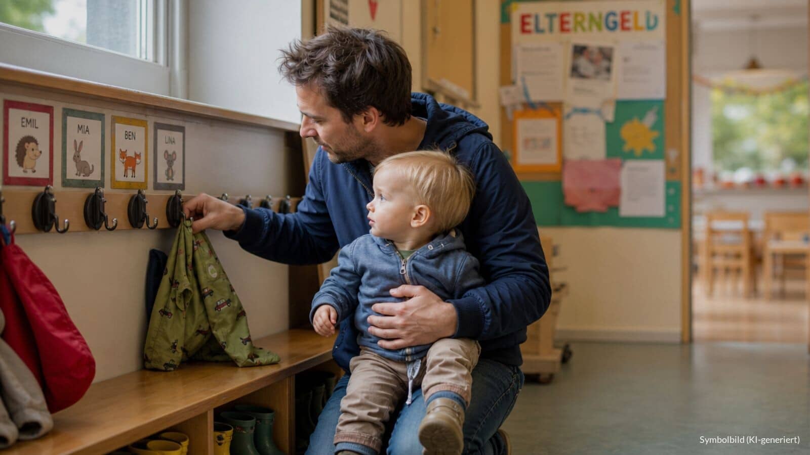 Vater hängt in einer Kita-Garderobe die Jacke seines etwa einjährigen Kindes an einen Haken, im Hintergrund eine Pinnwand mit dem Wort Elterngeld.