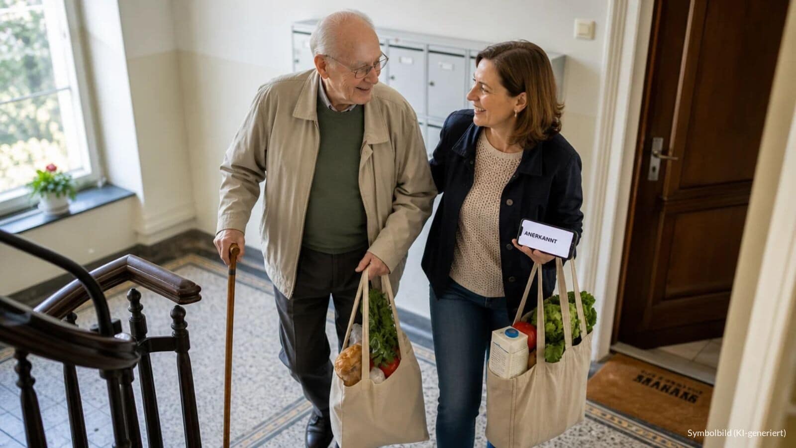 Nachbarin trägt Einkäufe für einen älteren Mann mit Gehstock die Treppe zu seiner Wohnung hinauf