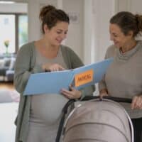 Schwangere Frau und ihre Mutter im hellen Hausflur mit einem gebrauchten Kinderwagen und einer Mappe mit der Aufschrift „ANTRAG“