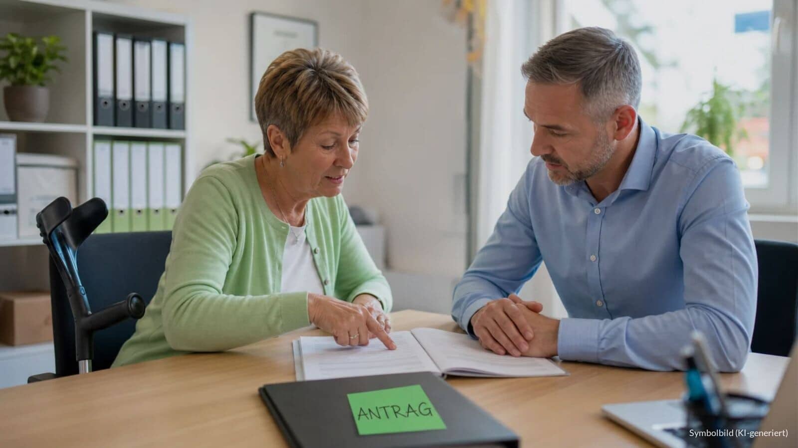 Frau mit Unterarmgehstütze zeigt einem Rentenberater eine Stelle im Antrag auf Erwerbsminderungsrente, auf der Mappe klebt ein Zettel mit dem Wort Antrag