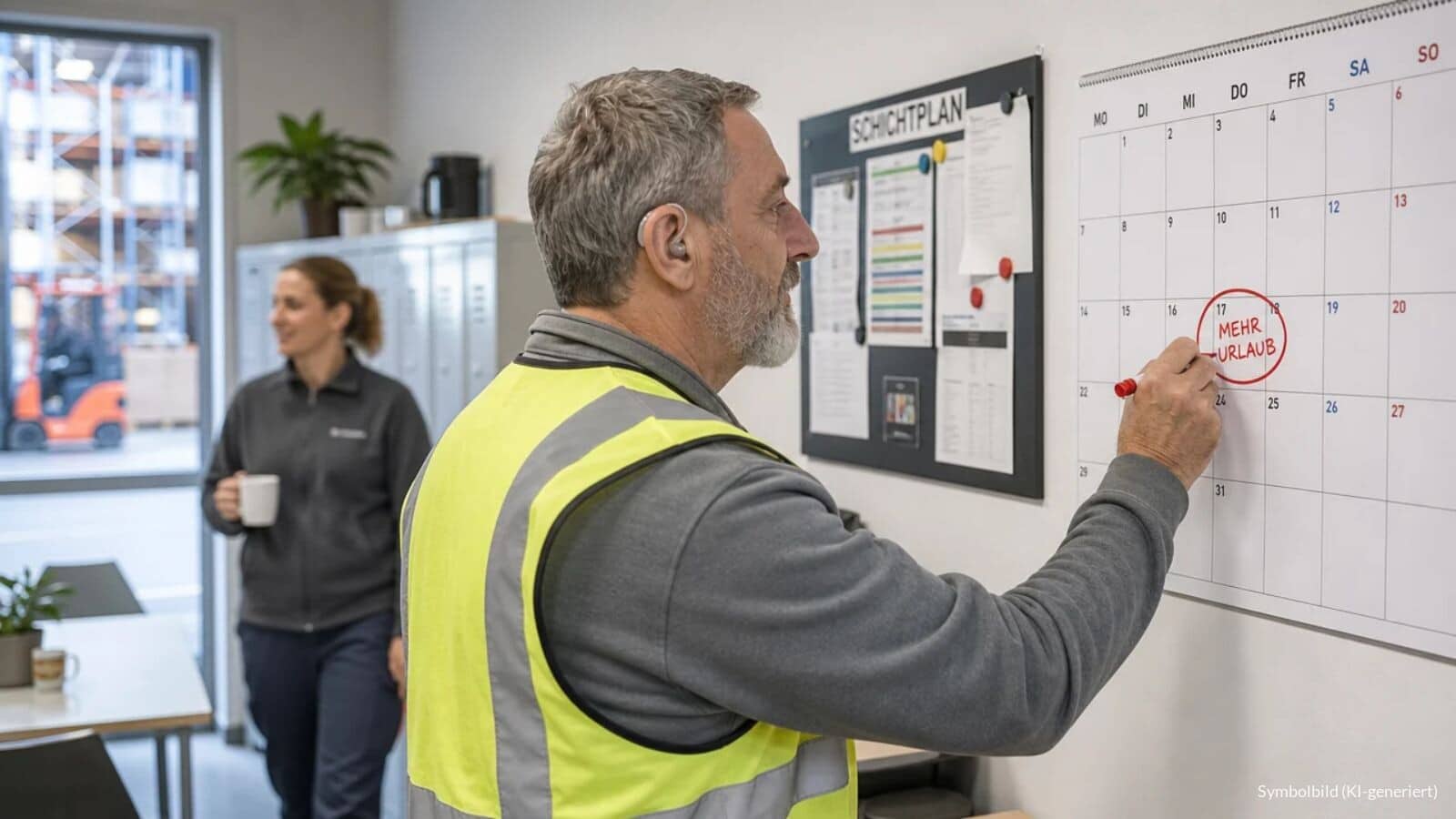 Lagerarbeiter mittleren Alters mit Hörgerät trägt im Pausenraum seinen Zusatzurlaub in einen Wandkalender ein, auf dem „MEHR URLAUB“ rot eingekreist ist.