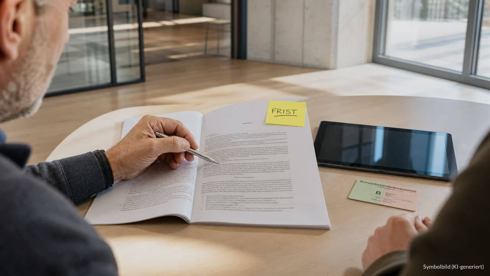 Schreiben des Versorgungsamts zur Anhörung über eine GdB-Herabsetzung auf einem Tisch in einer modernen Beratungsstelle, daneben ein Schwerbehindertenausweis und eine gelbe Haftnotiz mit dem Wort Frist.