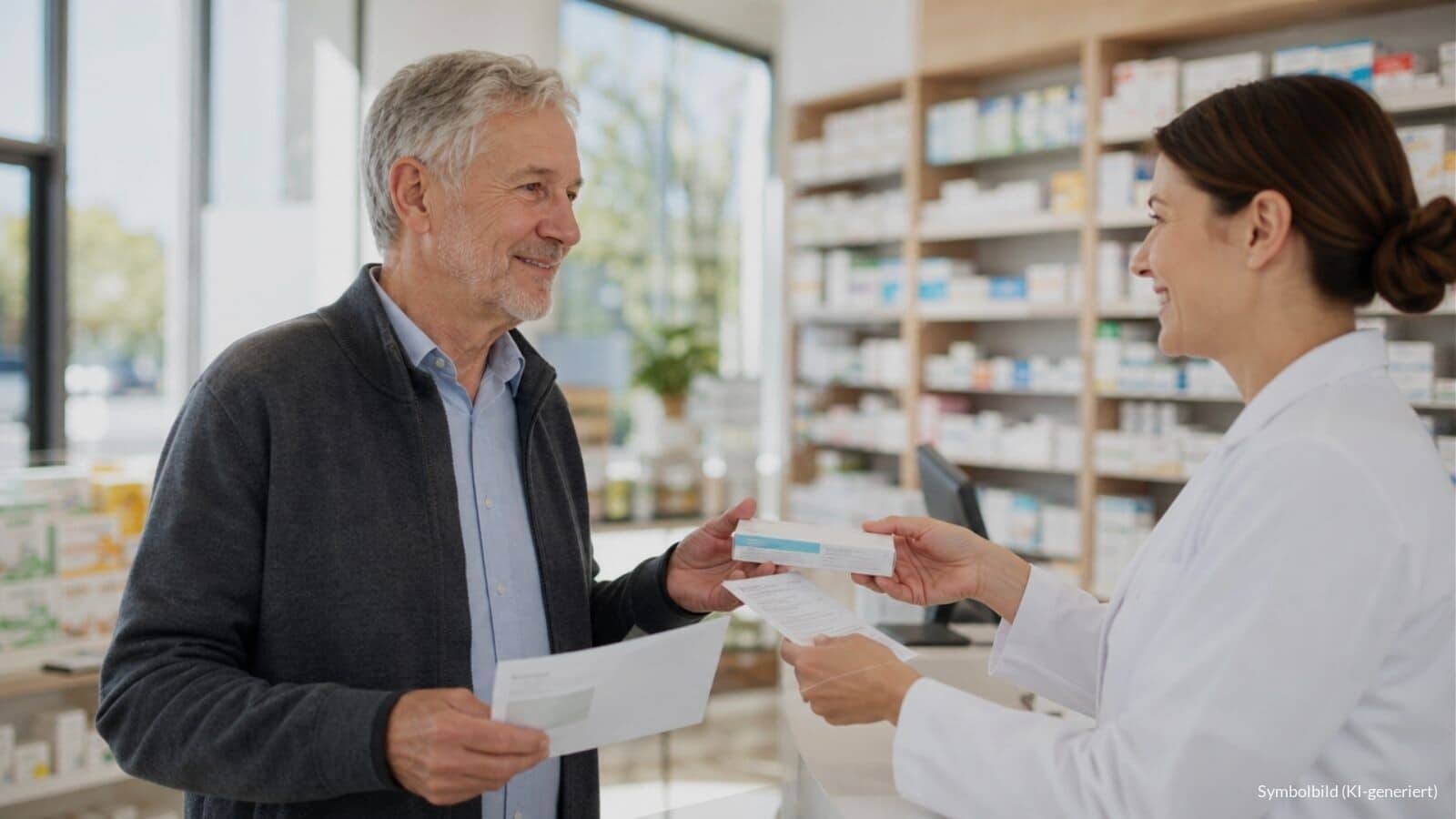 Älterer Mann mit Schwerbehinderung erhält in einer Apotheke Medikamente und eine Zuzahlungsübersicht für die Befreiung bei der Krankenkasse