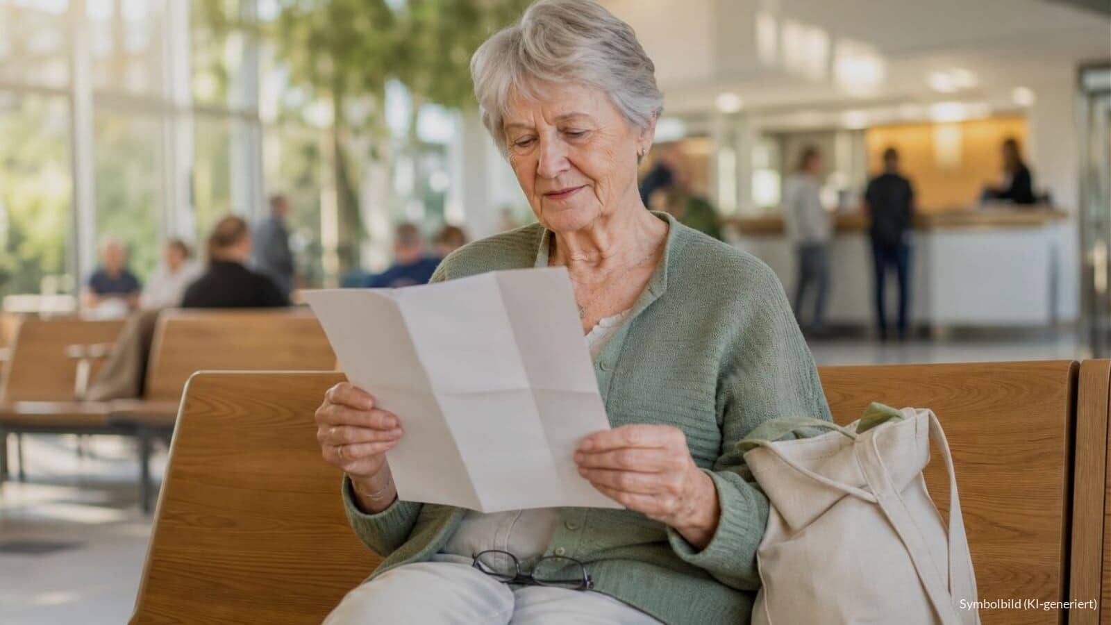 Ältere Frau sitzt mit einem Rentenbescheid in den Händen im hellen Wartebereich eines Bürgeramts, Symbolbild zur Rekordzahl bei der Grundsicherung im Alter 2026.