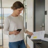 Gelbe Haftnotiz mit dem Wort „MIETE“ auf einer Nebenkostenabrechnung neben Smartphone und Wohnungsschlüssel in einem hellen, modernen Wohnungsflur