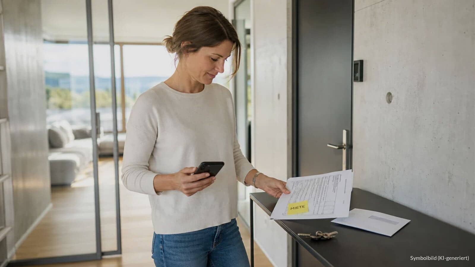 Gelbe Haftnotiz mit dem Wort „MIETE“ auf einer Nebenkostenabrechnung neben Smartphone und Wohnungsschlüssel in einem hellen, modernen Wohnungsflur