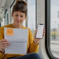 Frau in einer hellen Straßenbahn hält einen geöffneten Brief vom Vermieter mit einer orangefarbenen Haftnotiz mit der Aufschrift FRIST, daneben ein Smartphone mit Banking-Ansicht.