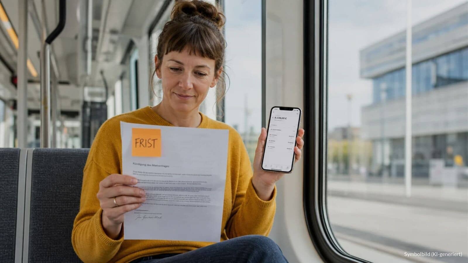 Frau in einer hellen Straßenbahn hält einen geöffneten Brief vom Vermieter mit einer orangefarbenen Haftnotiz mit der Aufschrift FRIST, daneben ein Smartphone mit Banking-Ansicht.