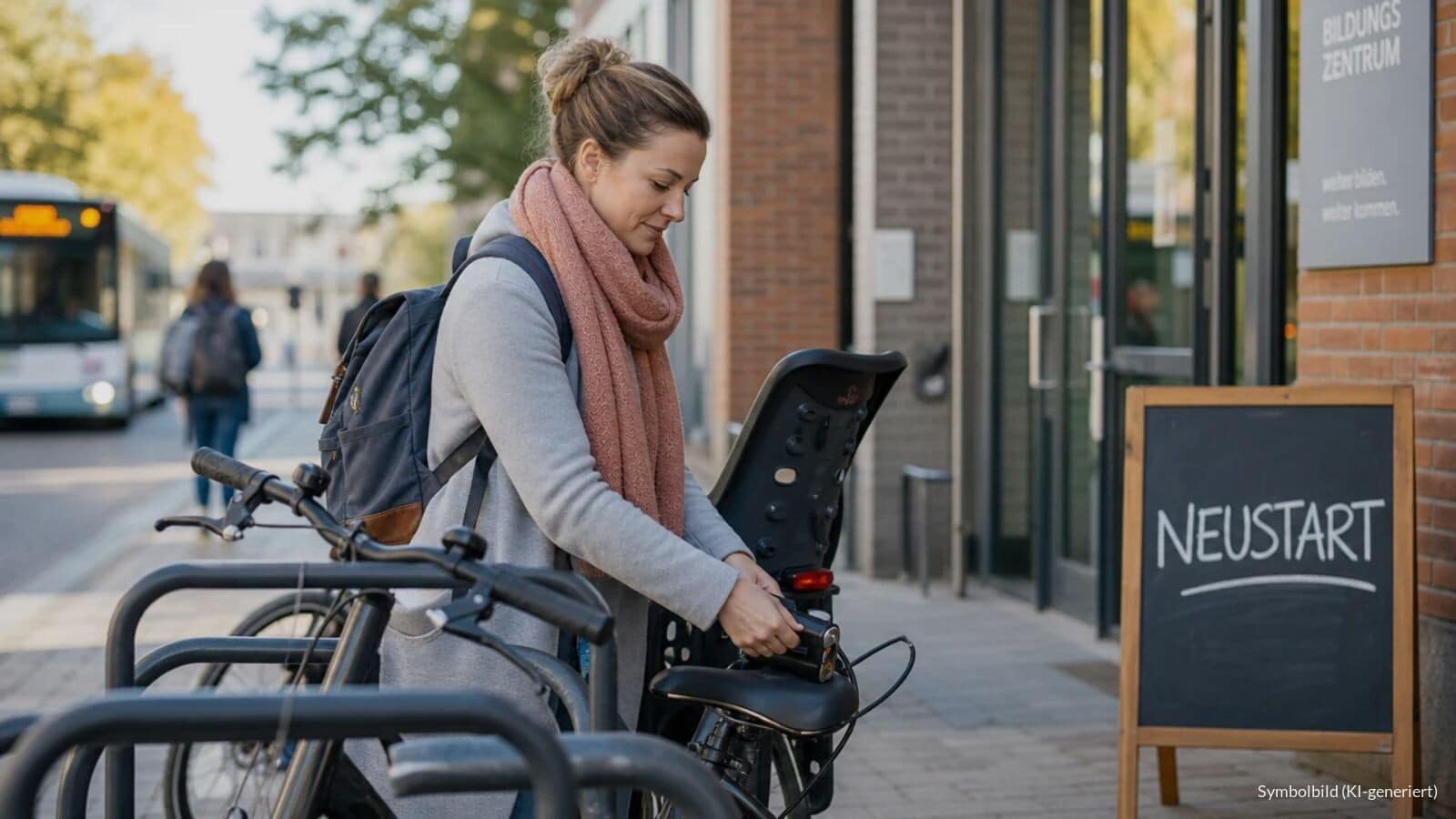 Mutter schließt morgens ihr Fahrrad mit Kindersitz vor einem Bildungszentrum ab, daneben eine Kreidetafel mit dem Wort NEUSTART