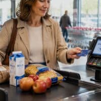 Hände einer Frau legen an einer Supermarktkasse Brot, Milch und Nudeln aufs Band, das Kartenterminal zeigt das Wort Zahlung.