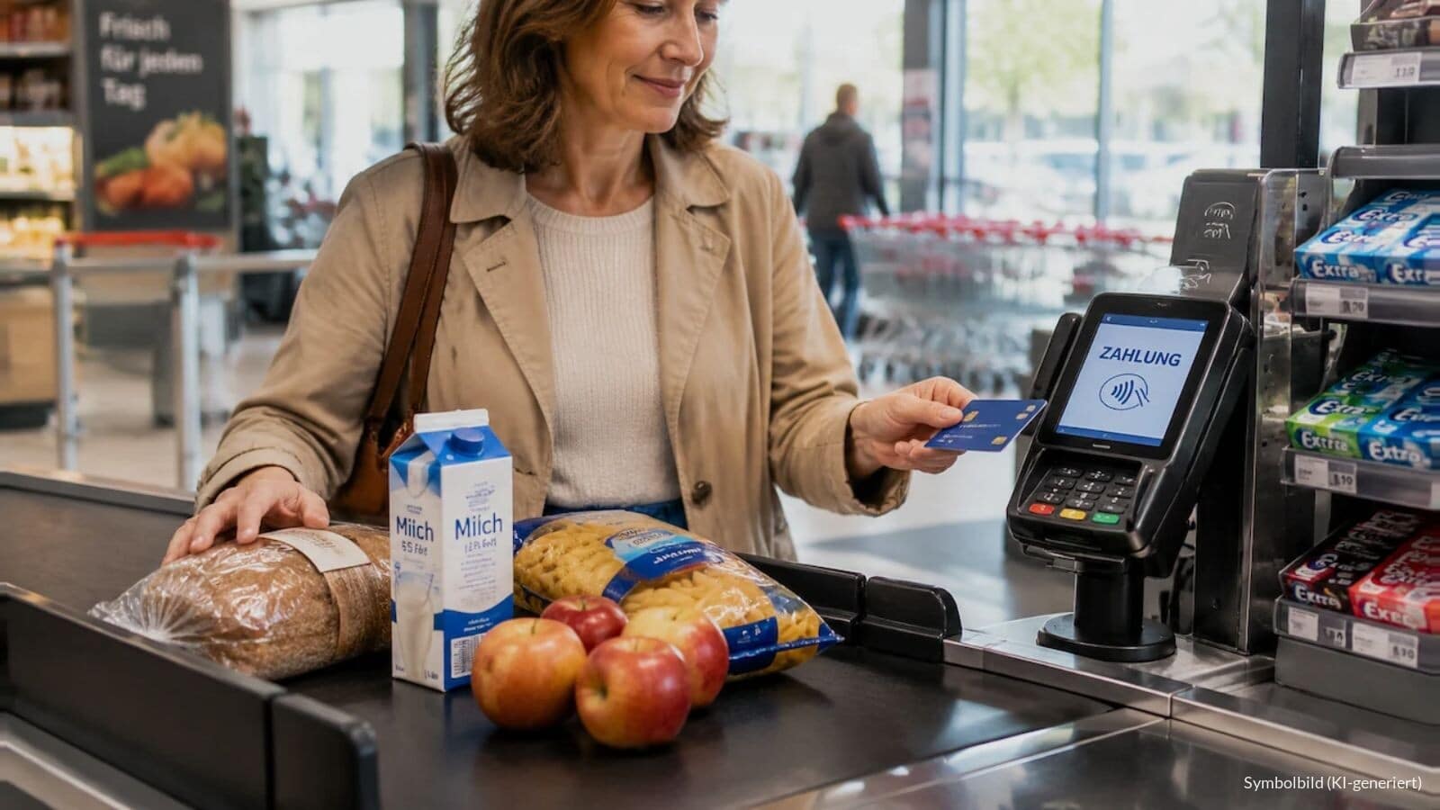 Hände einer Frau legen an einer Supermarktkasse Brot, Milch und Nudeln aufs Band, das Kartenterminal zeigt das Wort Zahlung.