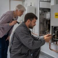 Heizungsmonteur wartet die Gastherme in einem Einfamilienhaus, die ältere Hausbesitzerin leuchtet mit einer Taschenlampe, an der Therme klebt ein Aufkleber mit dem Wort Wartung.