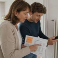 Mutter und Sohn prüfen am Heizkörper ihrer Mietwohnung den Heizkostenverteiler und die Heizkostenabrechnung, auf der ein Notizzettel mit dem Wort „PRÜFEN“ klebt.