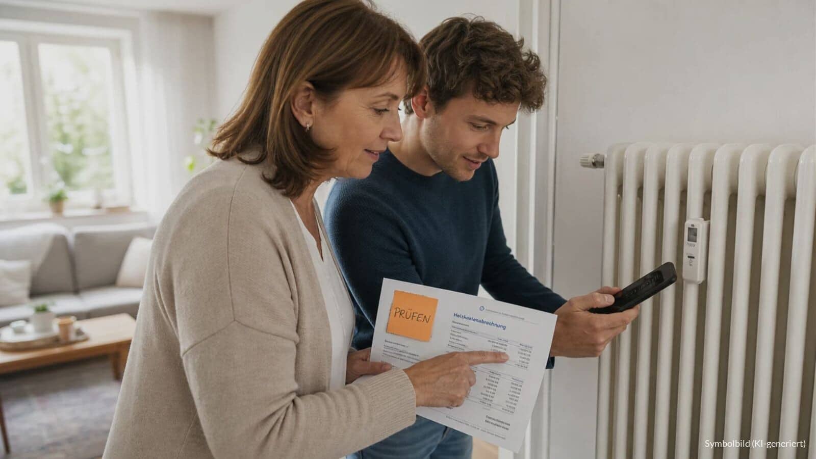 Mutter und Sohn prüfen am Heizkörper ihrer Mietwohnung den Heizkostenverteiler und die Heizkostenabrechnung, auf der ein Notizzettel mit dem Wort „PRÜFEN“ klebt.