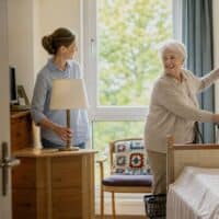 Ältere Frau mit Rollator hängt in ihrem neuen Pflegeheimzimmer ein Familienfoto auf, ihre Tochter stellt eine Lampe auf die Kommode, am Wandkalender ist ein Termin rot eingekreist.