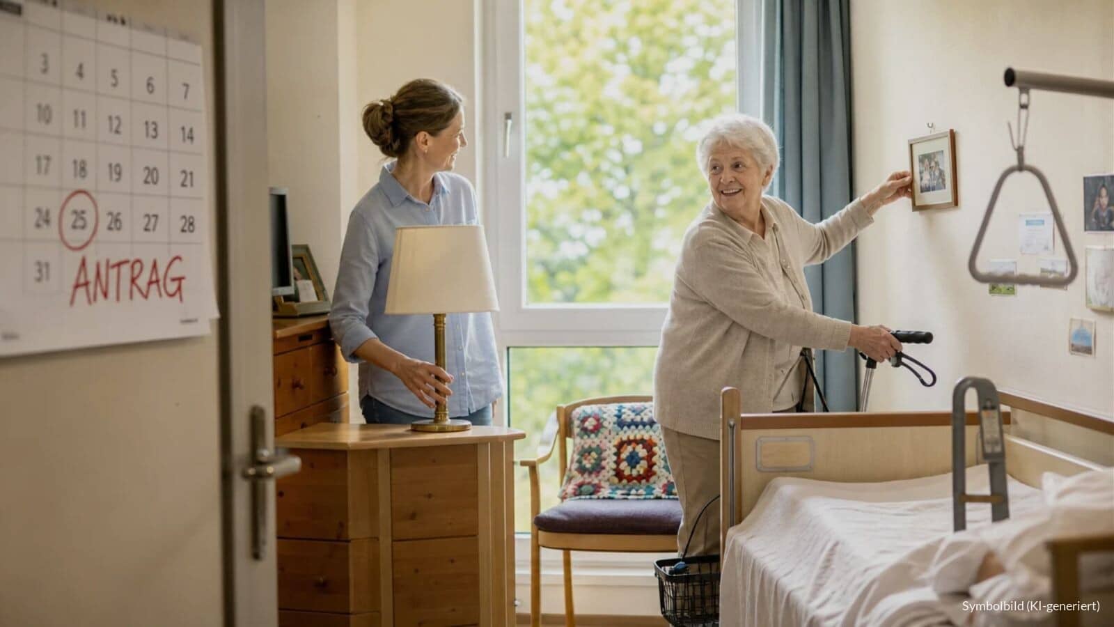 Ältere Frau mit Rollator hängt in ihrem neuen Pflegeheimzimmer ein Familienfoto auf, ihre Tochter stellt eine Lampe auf die Kommode, am Wandkalender ist ein Termin rot eingekreist.