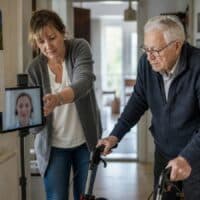 Älterer Mann geht mit Rollator durch den Flur seiner Wohnung, während seine Tochter die Videobegutachtung zum höheren Pflegegrad auf einem Tablet begleitet.