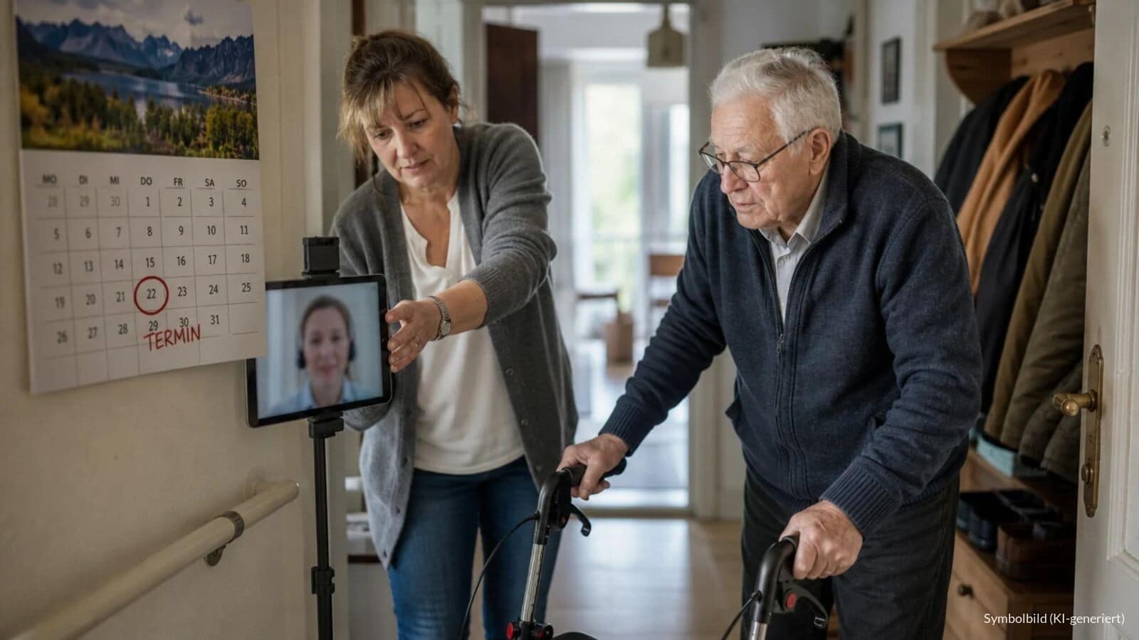 Älterer Mann geht mit Rollator durch den Flur seiner Wohnung, während seine Tochter die Videobegutachtung zum höheren Pflegegrad auf einem Tablet begleitet.