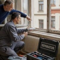 Handwerker dichtet ein altes Holzfenster in einer Mietwohnung ab, der Mieter hält den Fensterflügel fest.