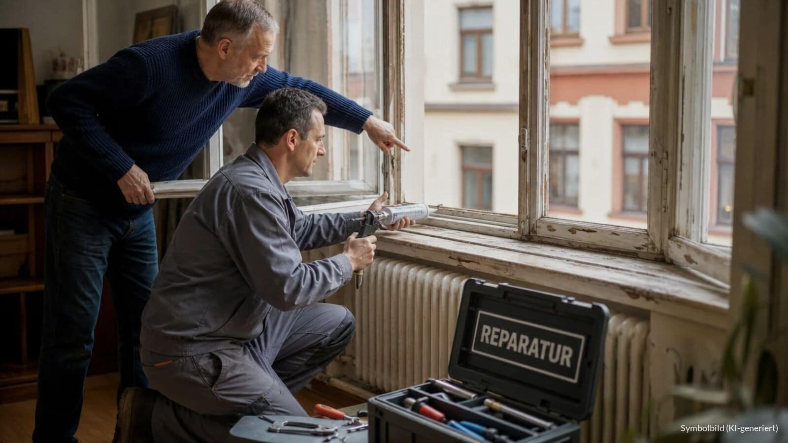 Handwerker dichtet ein altes Holzfenster in einer Mietwohnung ab, der Mieter hält den Fensterflügel fest.