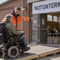 Eine Frau im Elektrorollstuhl fährt mit Unterstützung eines Helfers über eine Rampe in eine als Notunterkunft genutzte Turnhalle.