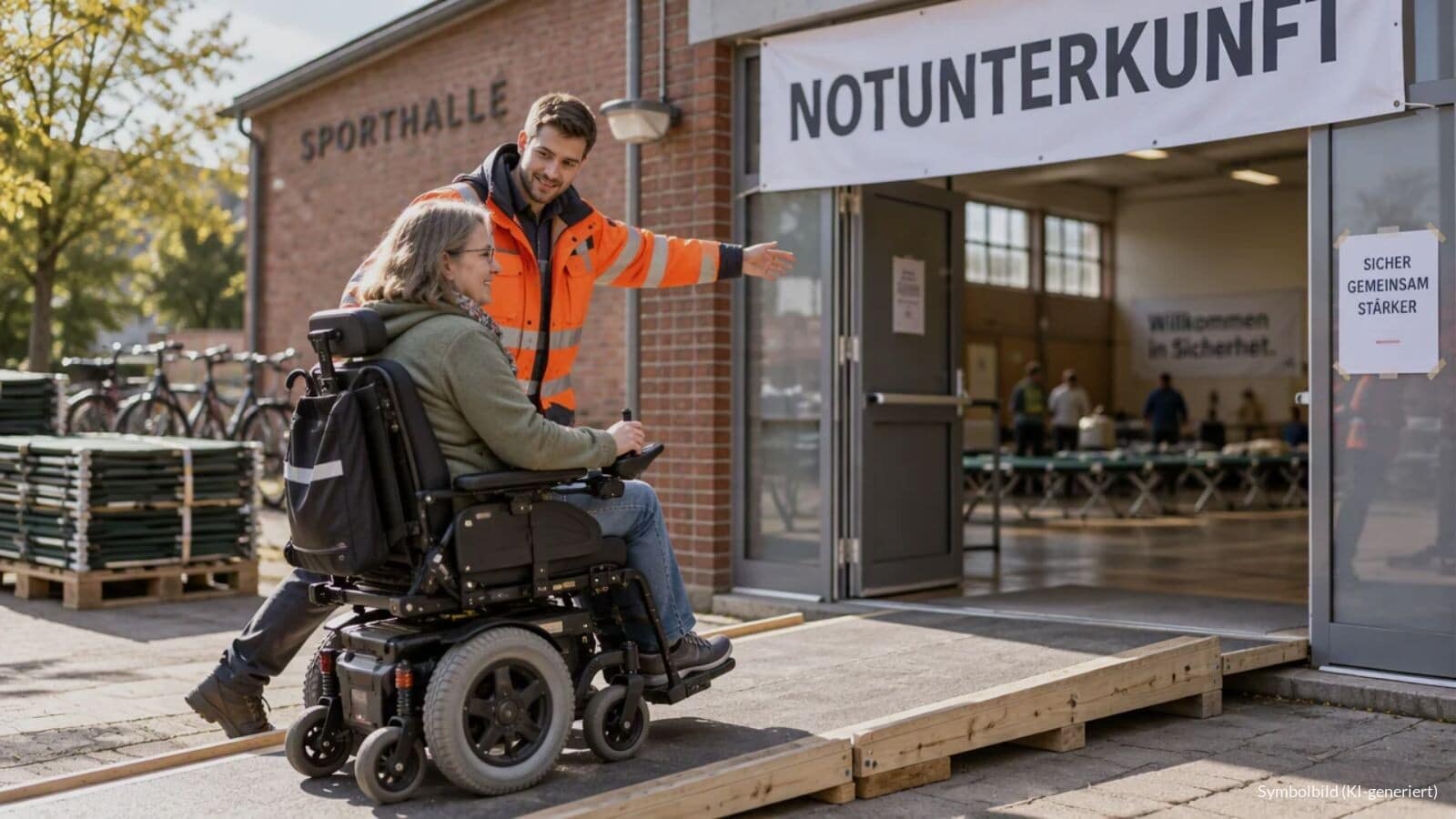 Eine Frau im Elektrorollstuhl fährt mit Unterstützung eines Helfers über eine Rampe in eine als Notunterkunft genutzte Turnhalle.