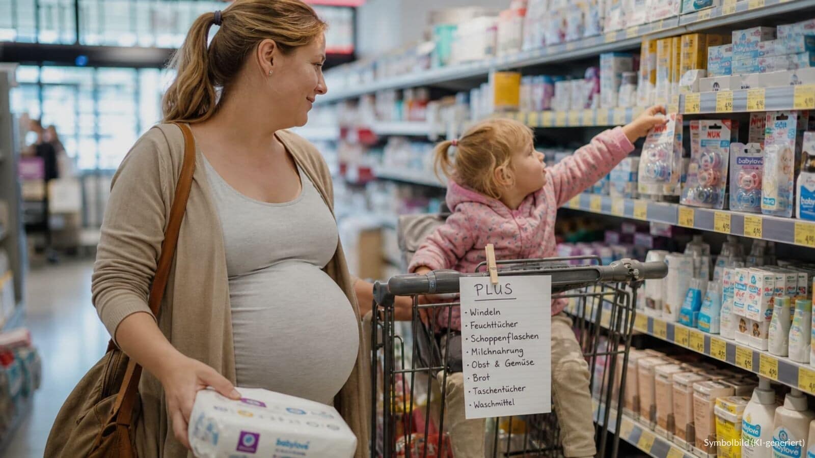 Schwangere Frau mit Kleinkind legt im Drogeriemarkt Windeln in den Einkaufswagen, am Griff hängt ein Einkaufszettel mit dem Wort PLUS.