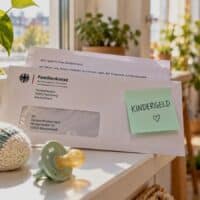 Babysocke und Schnuller auf einer Fensterbank neben einem Brief der Familienkasse mit grünem Notizzettel „KINDERGELD“, Symbolbild zur Kindergelderhöhung 2027
