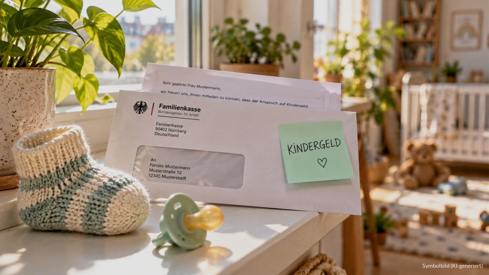 Babysocke und Schnuller auf einer Fensterbank neben einem Brief der Familienkasse mit grünem Notizzettel „KINDERGELD“, Symbolbild zur Kindergelderhöhung 2027
