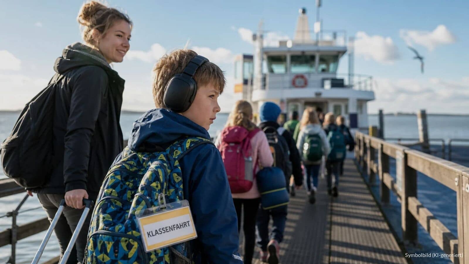 Grundschüler mit Gehörschutz-Kopfhörern geht mit seiner Begleiterin und der Klasse über einen Fähranleger an der Nordsee