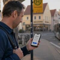 Mann wartet morgens an einer Bushaltestelle und sieht auf seinem Smartphone die Erinnerung an einen Termin im Jobcenter.