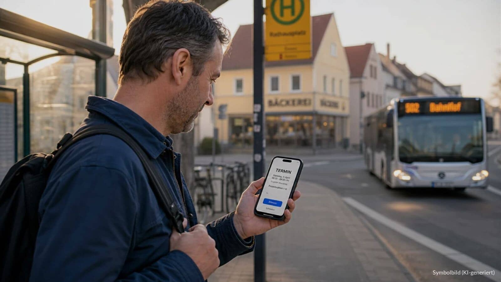 Mann wartet morgens an einer Bushaltestelle und sieht auf seinem Smartphone die Erinnerung an einen Termin im Jobcenter.