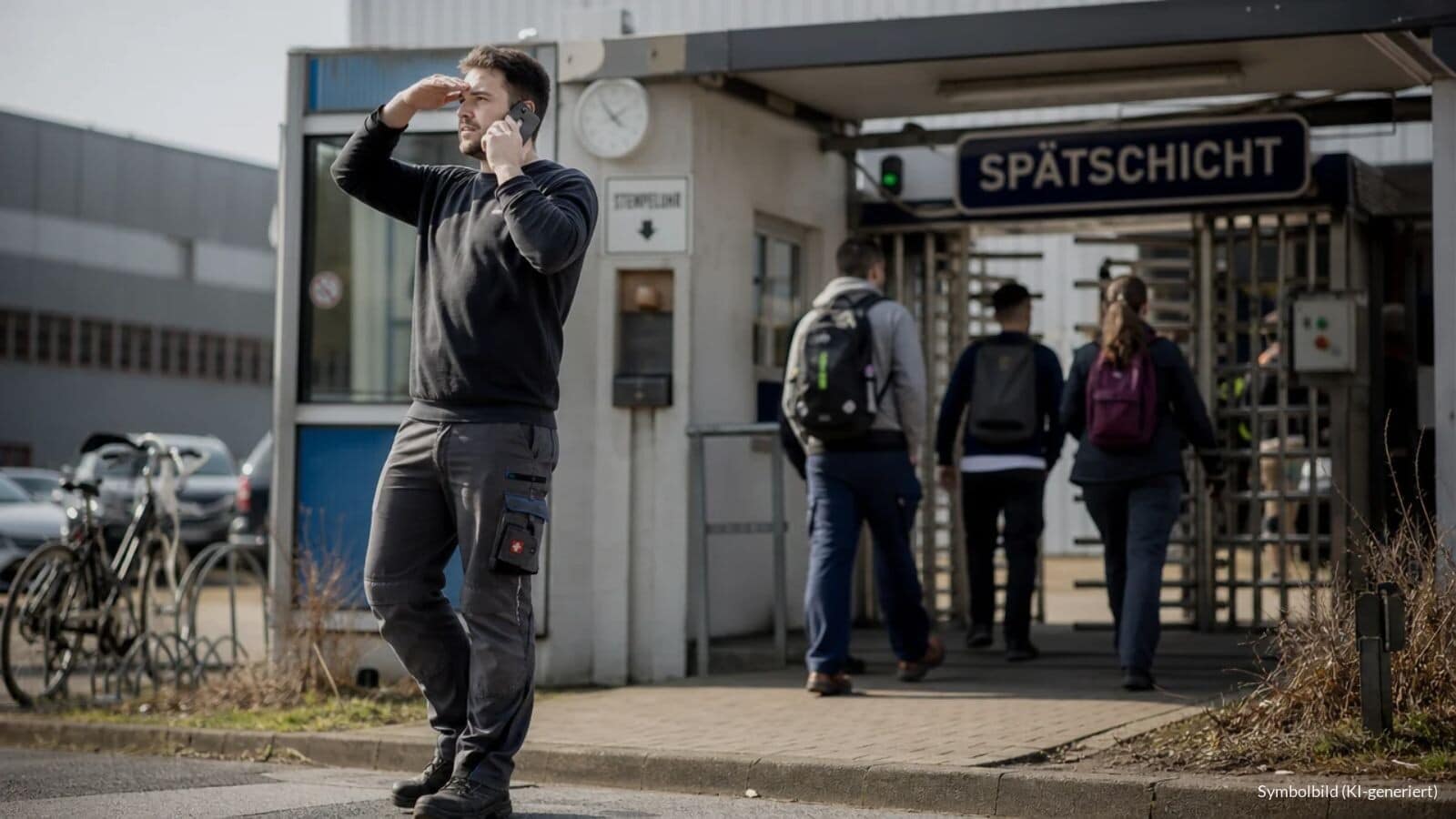 Schichtarbeiter in Arbeitskleidung telefoniert kurz vor Schichtbeginn vor dem Tor einer Produktionshalle
