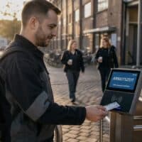 Ein Mann hält morgens seinen Mitarbeiterausweis an ein Zeiterfassungsterminal am Eingang eines Firmengeländes, auf dem Display steht „Arbeitszeit“.