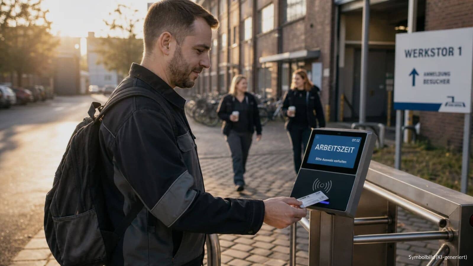 Ein Mann hält morgens seinen Mitarbeiterausweis an ein Zeiterfassungsterminal am Eingang eines Firmengeländes, auf dem Display steht „Arbeitszeit“.