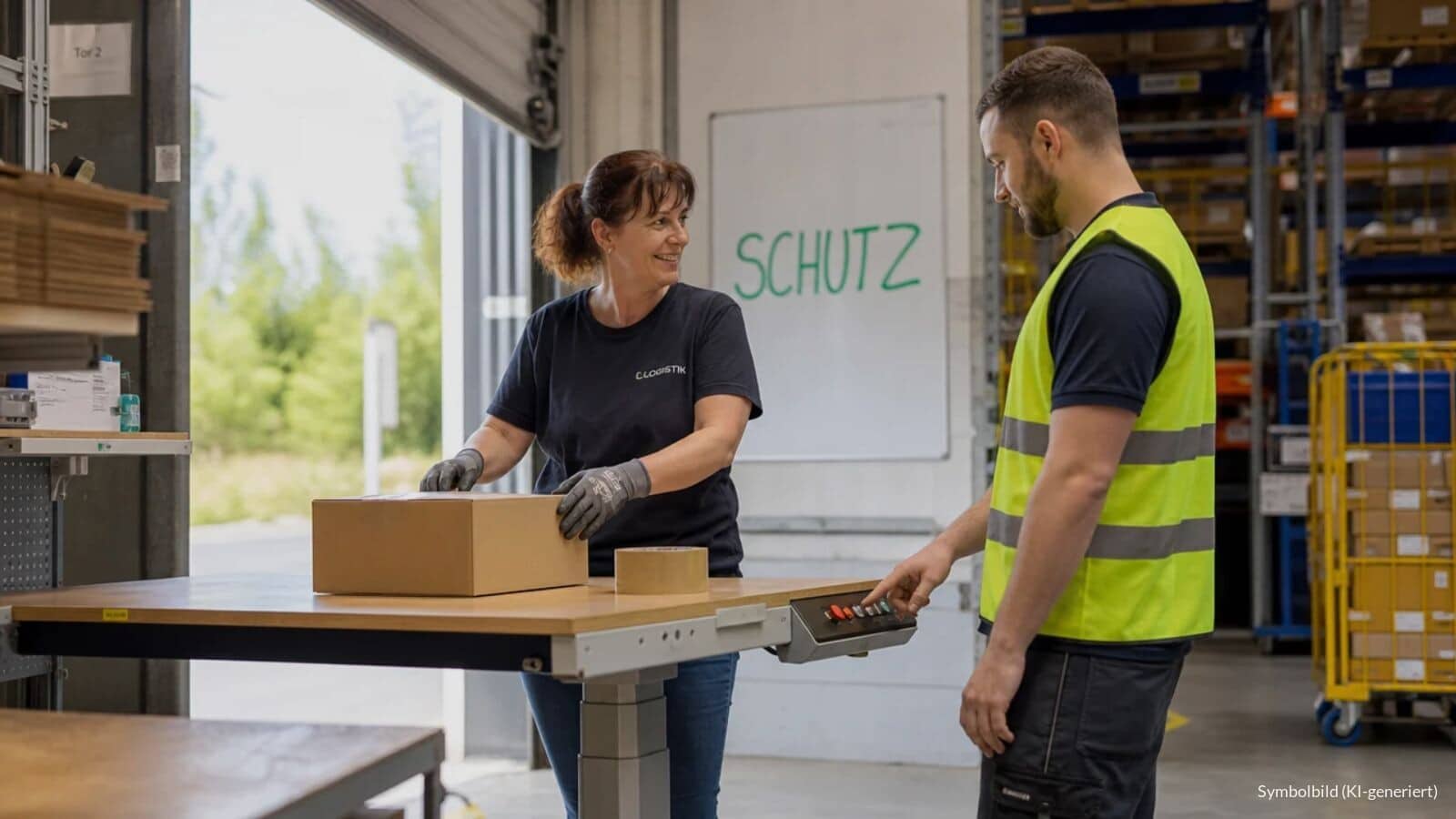 Lagermitarbeiterin probiert nach ihrer Rückkehr einen höhenverstellbaren Packtisch aus, während ein Kollege die Höhe anpasst; an der Schichttafel steht das Wort SCHUTZ.
