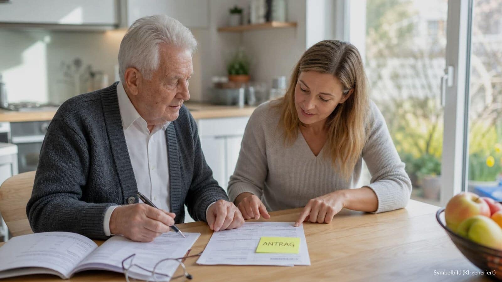 Älterer Mann und seine Tochter füllen am Küchentisch im eigenen Haus einen Wohngeldantrag aus, auf dem Formular klebt ein gelber Zettel mit dem Wort ANTRAG.