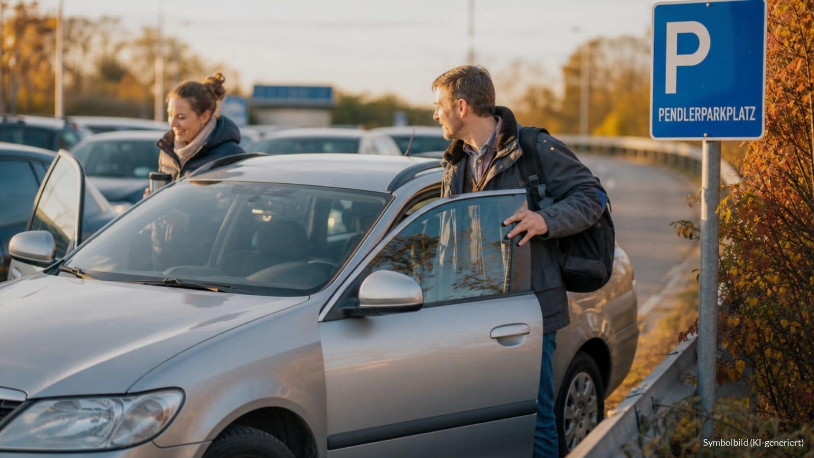 Pendler schließt am frühen Morgen sein Auto auf einem Pendlerparkplatz an einer Autobahnauffahrt auf, um zur Arbeit zu fahren.