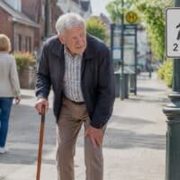 Älterer Mann mit Gehstock legt auf einem Gehweg eine Pause ein, neben ihm ein Wegweiser mit der Angabe 2 km.