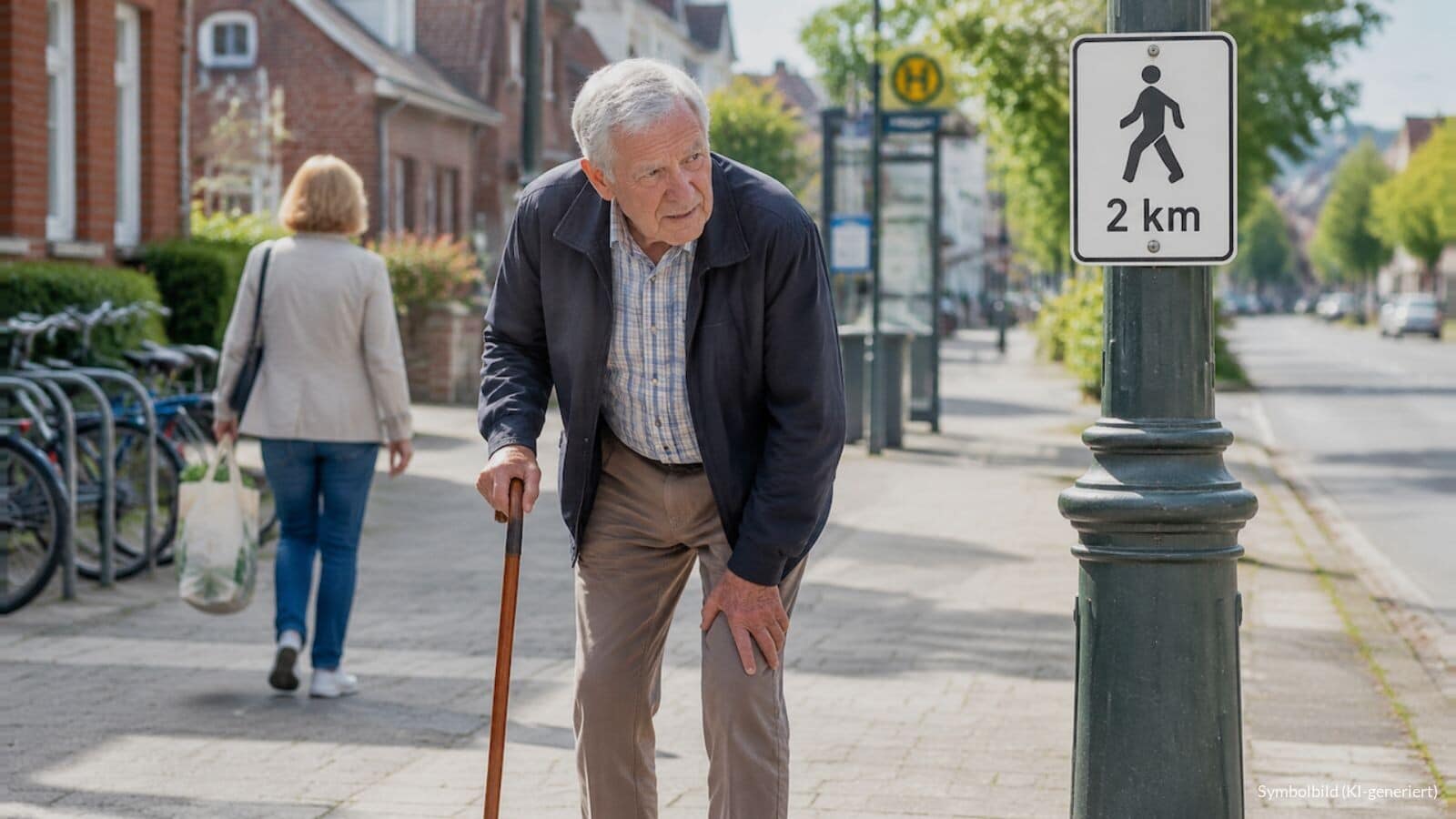 Älterer Mann mit Gehstock legt auf einem Gehweg eine Pause ein, neben ihm ein Wegweiser mit der Angabe 2 km.