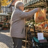 Ältere Frau mit Rollator kauft auf einem Wochenmarkt Äpfel, im Korb des Rollators liegt ein Einkaufszettel mit dem Wort PLUS