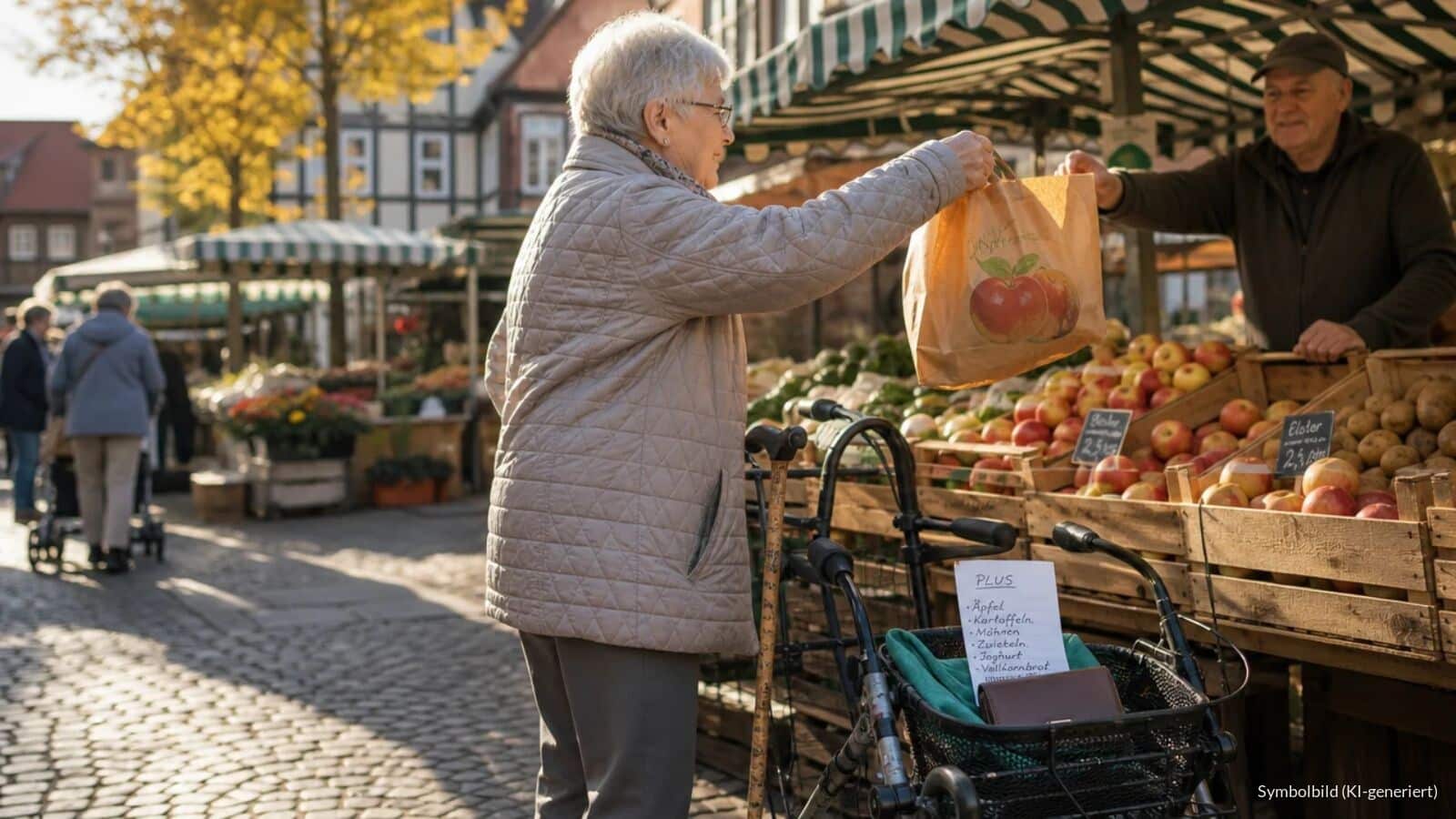 Ältere Frau mit Rollator kauft auf einem Wochenmarkt Äpfel, im Korb des Rollators liegt ein Einkaufszettel mit dem Wort PLUS