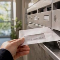 Hand zieht einen Brief mit Sichtfenster aus einem Briefkasten im hellen Treppenhaus eines Berliner Mehrfamilienhauses, in den Nachbarbriefkästen stecken gleiche Umschläge.