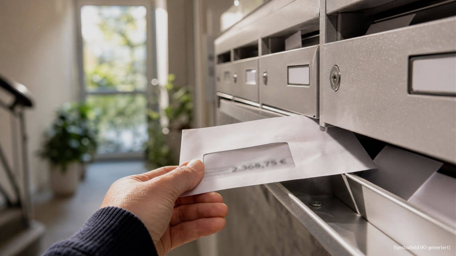 Hand zieht einen Brief mit Sichtfenster aus einem Briefkasten im hellen Treppenhaus eines Berliner Mehrfamilienhauses, in den Nachbarbriefkästen stecken gleiche Umschläge.